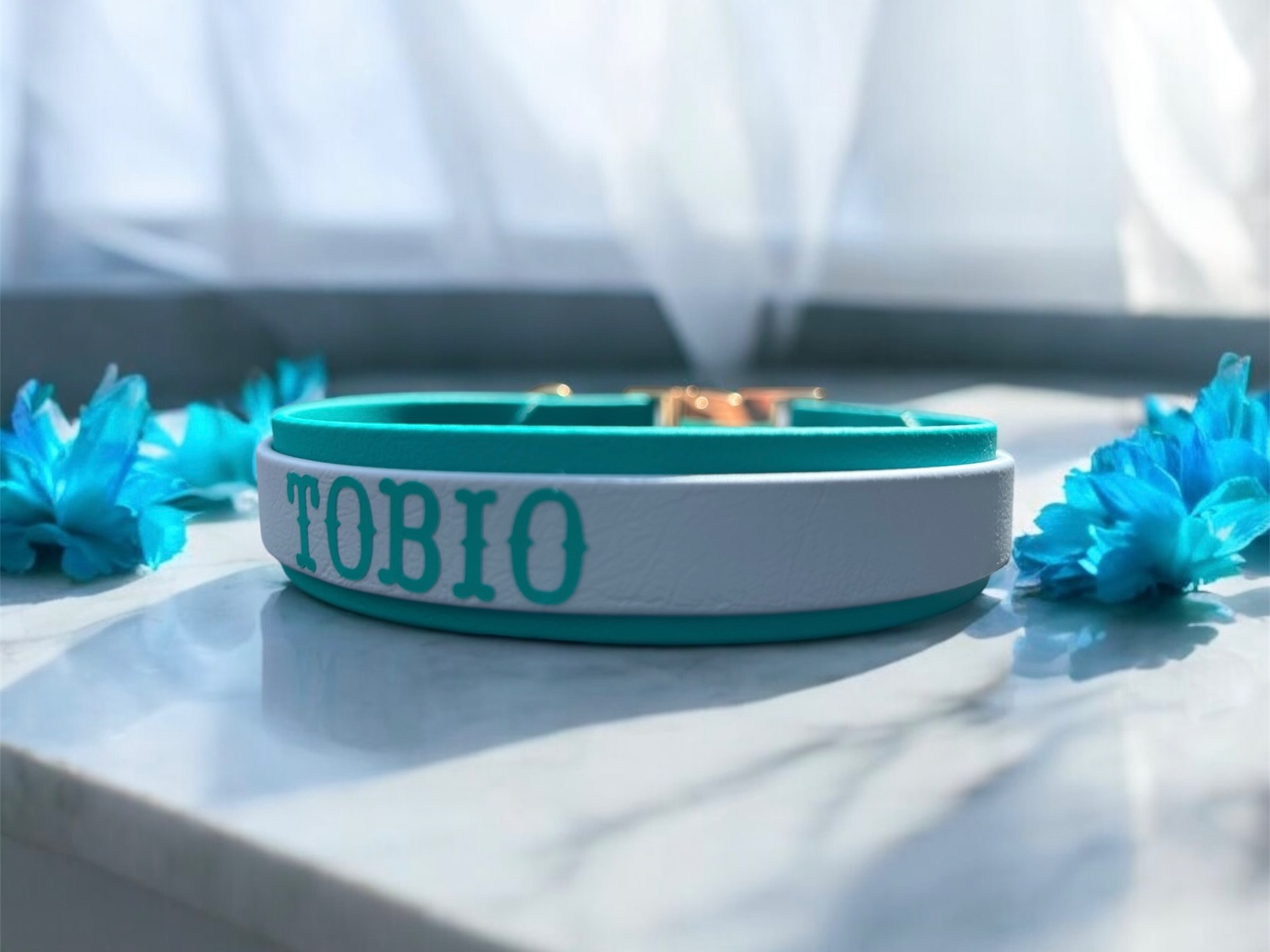 Collier de 2,5cm de largeur avec comme couleur arrière "teal" & comme couleur avant "bleu whale pastel" personnalisation sur biothane en bleu clair & police n°9